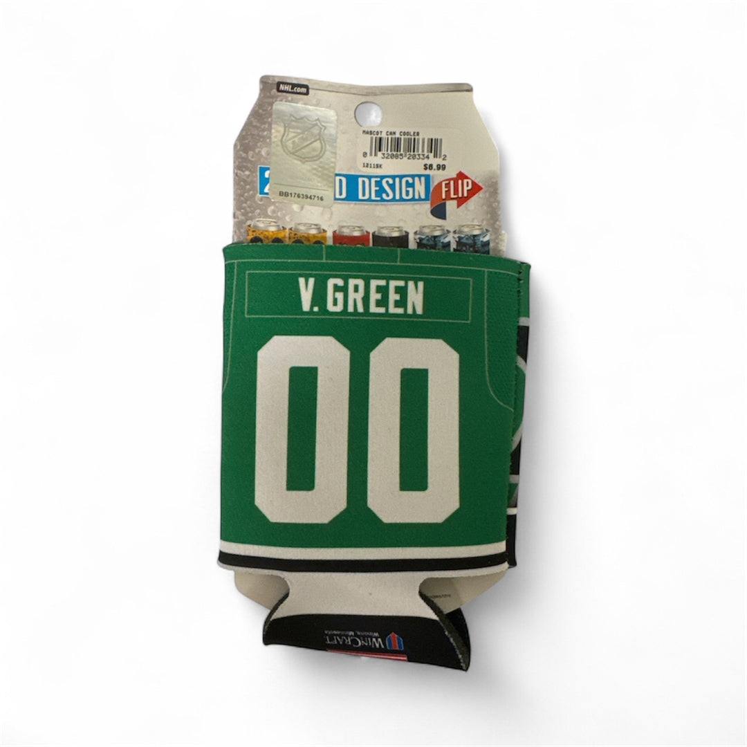 Green can cooler with 'V. Green' and number '00' on a white background