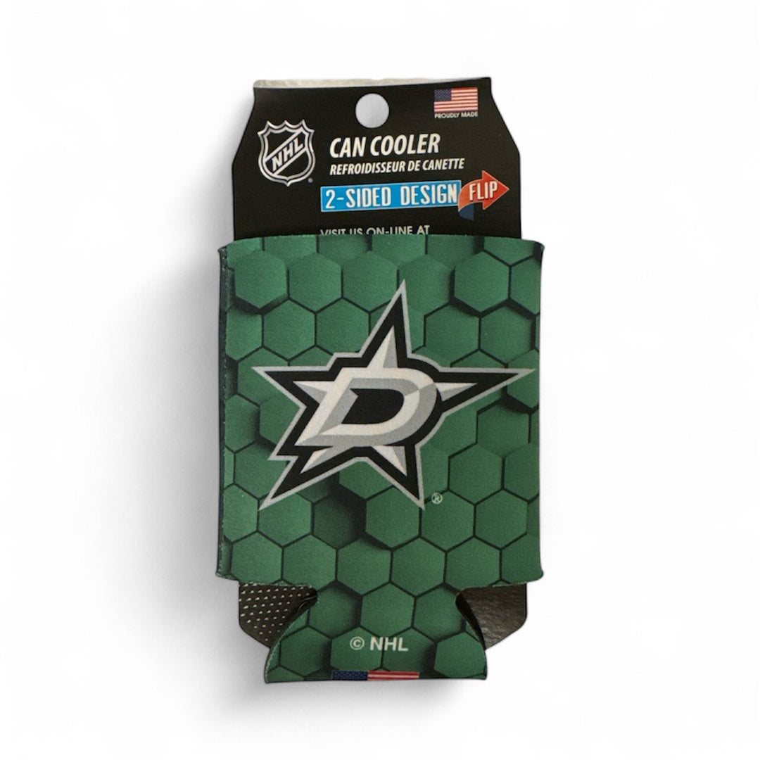 Green can cooler with Dallas Stars logo and NHL branding on a white background