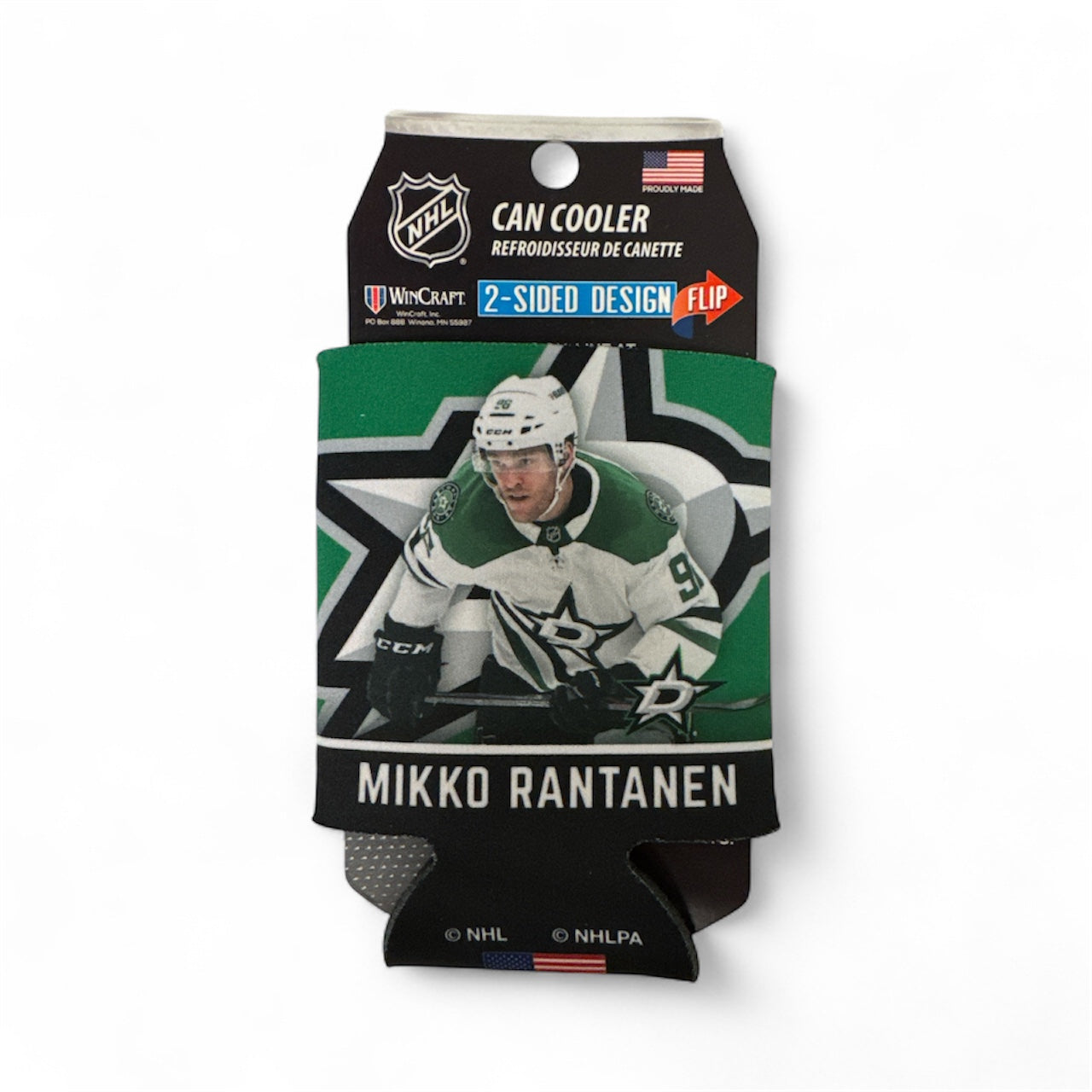 Can cooler with hockey player design featuring Mikko Rantanen on a white background