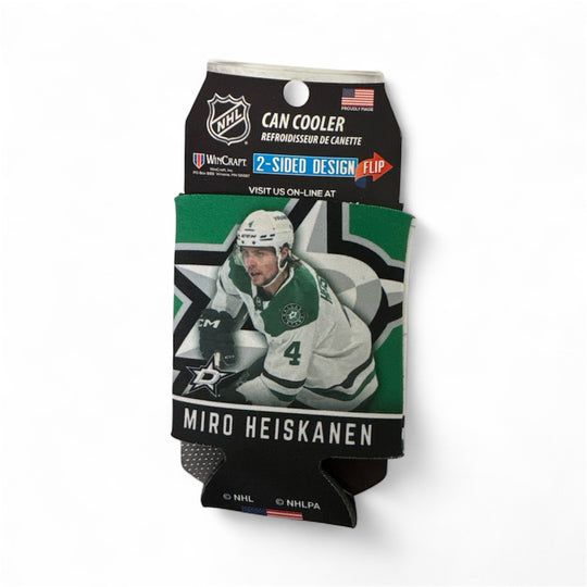 Can cooler with hockey player design featuring Miro Heiskanen on a white background