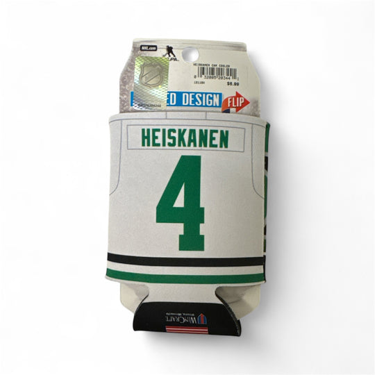 Koozie with hockey jersey design featuring 'HEISKANEN' and number '4' on a white background