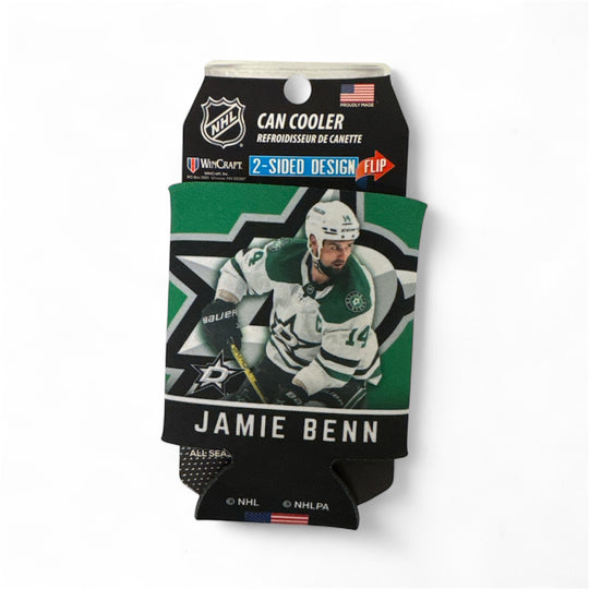Can cooler with hockey player design featuring Jamie Benn on a white background