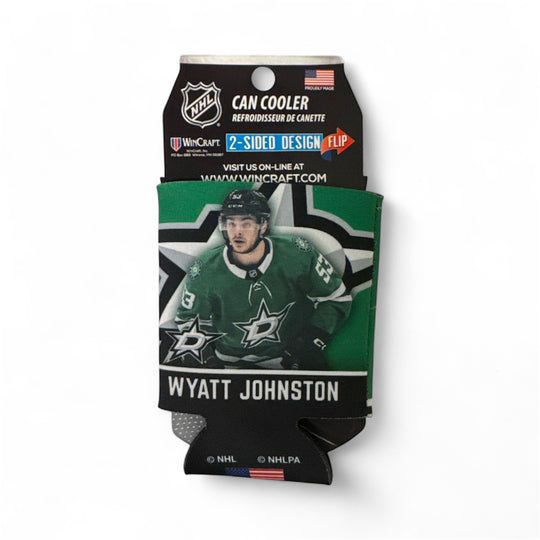Can cooler with hockey player design featuring Wyatt Johnston on a white background