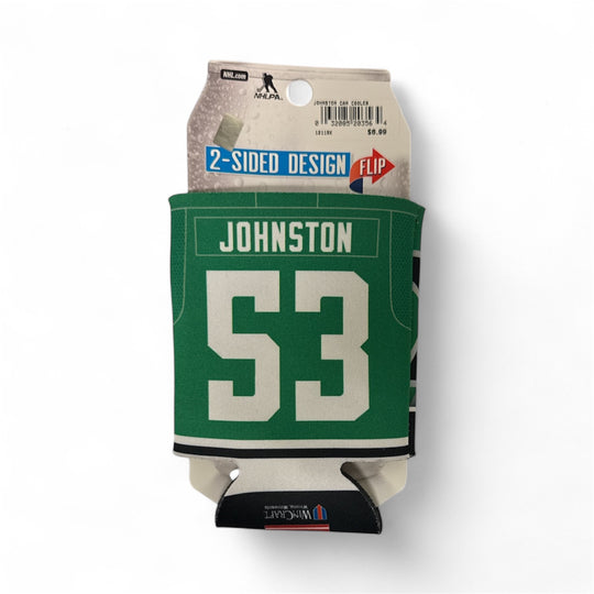 Green can cooler with 'Johnston 53' design on a white background