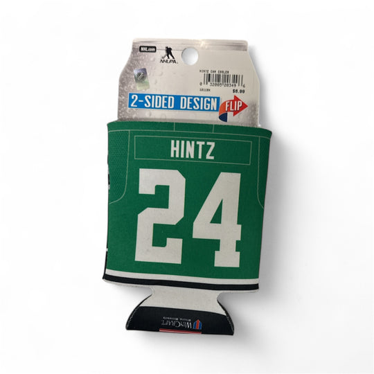 Green can cooler with 'HINTZ 24' design on a white background