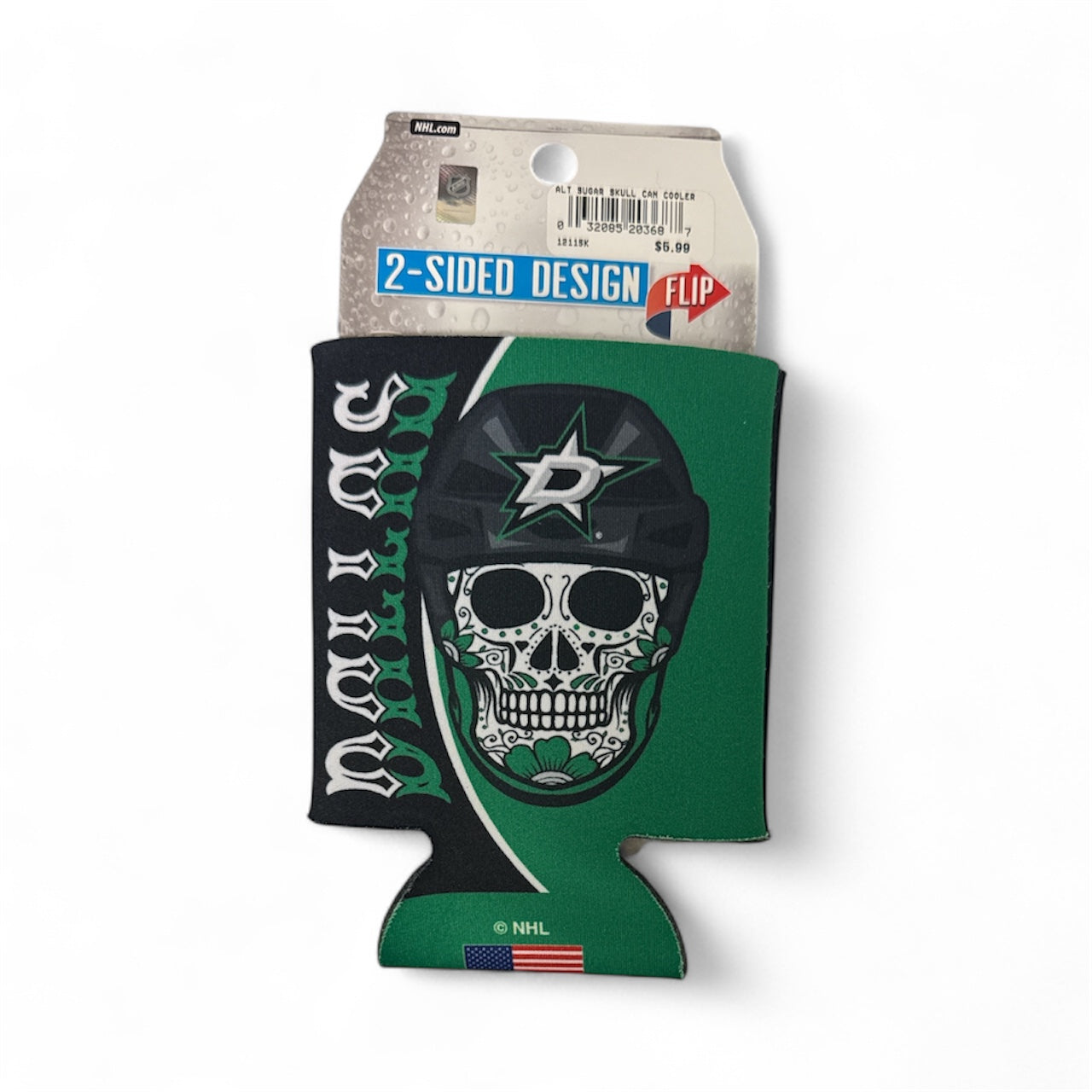 Two-sided can cooler with skull design and branding on a white background
