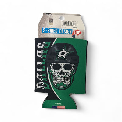 Two-sided can cooler with skull design and branding on a white background