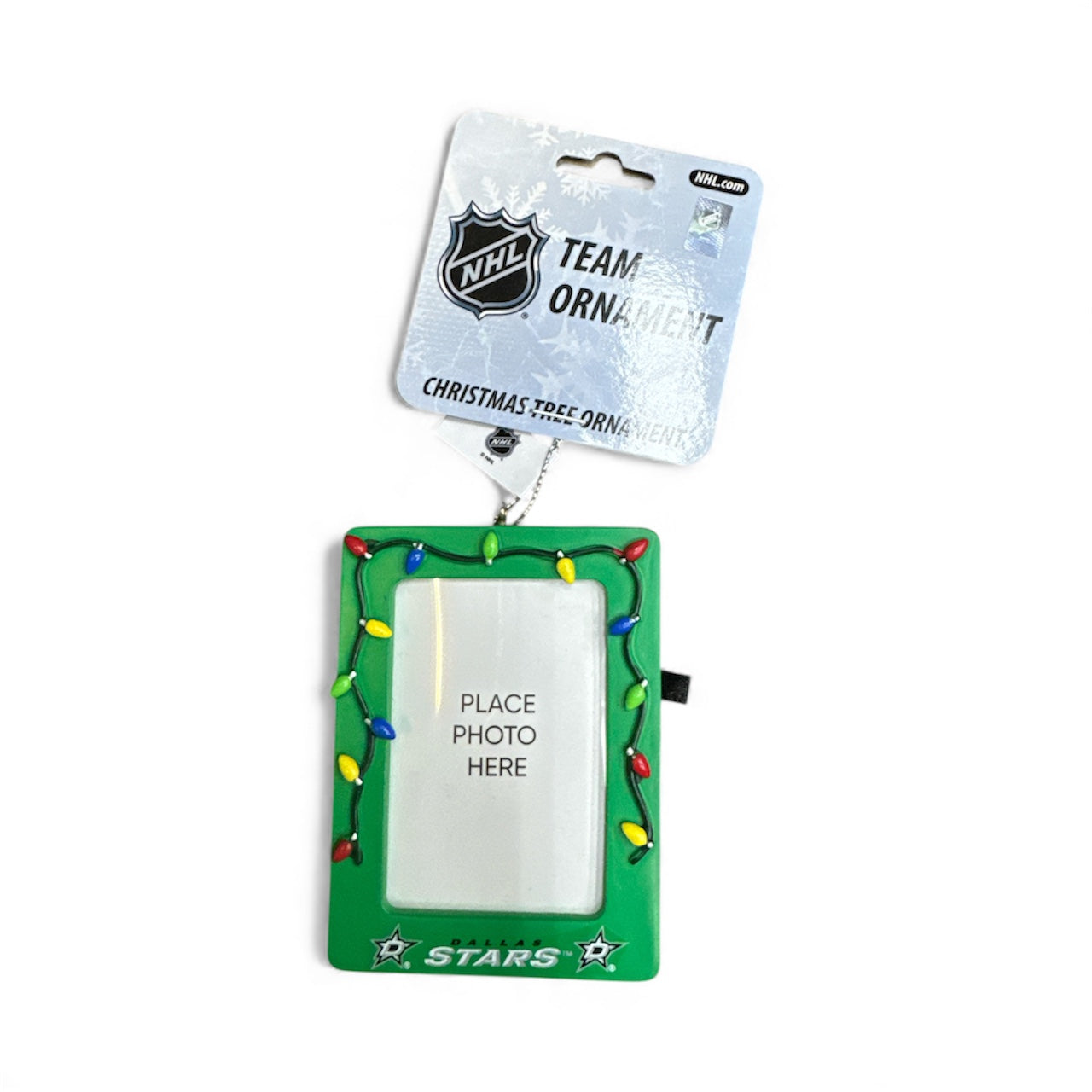 Green photo frame ornament with Christmas lights and NHL branding on a white background