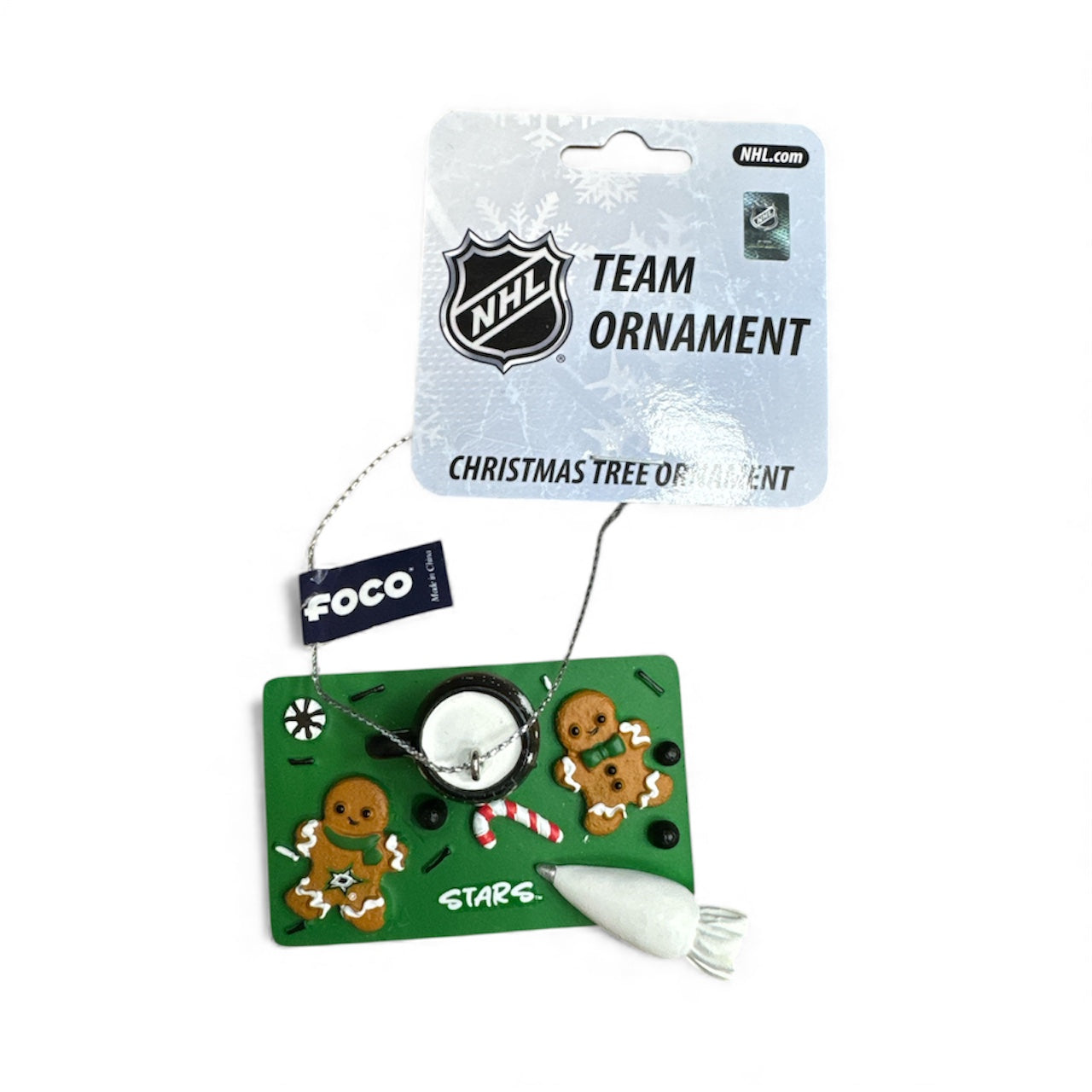 NHL Christmas tree ornament with gingerbread men design on a white background