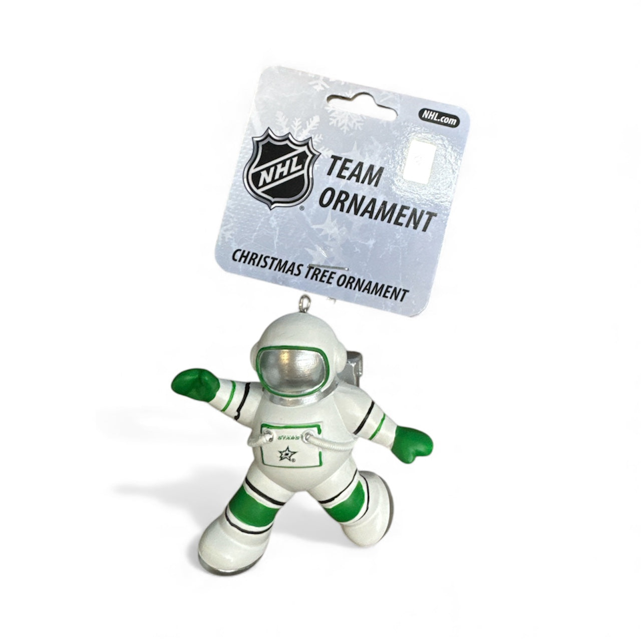 Green and white astronaut ornament with NHL packaging on a white background