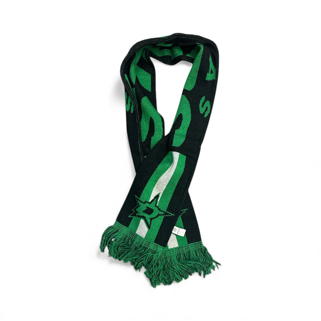 Green and black scarf with Dallas Stars logo on a white background
