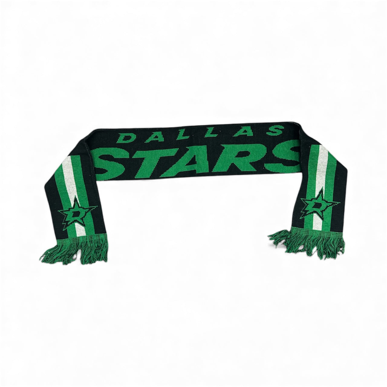 Green and black scarf with 'Dallas Stars' text on a white background