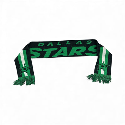 Green and black scarf with 'Dallas Stars' text on a white background