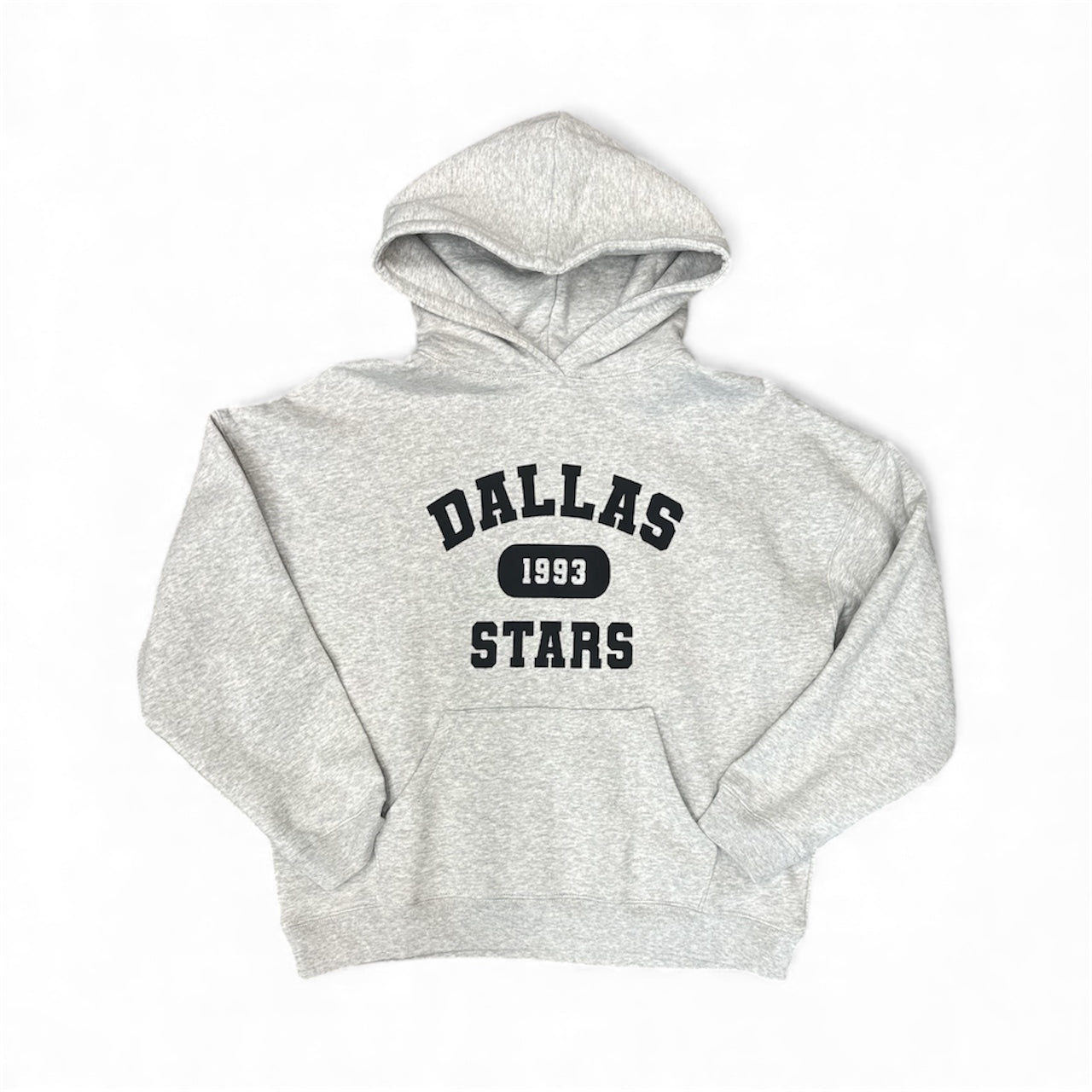 Gray hoodie with 'Dallas Stars' text on a white background