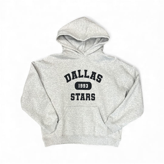 Gray hoodie with 'Dallas Stars' text on a white background