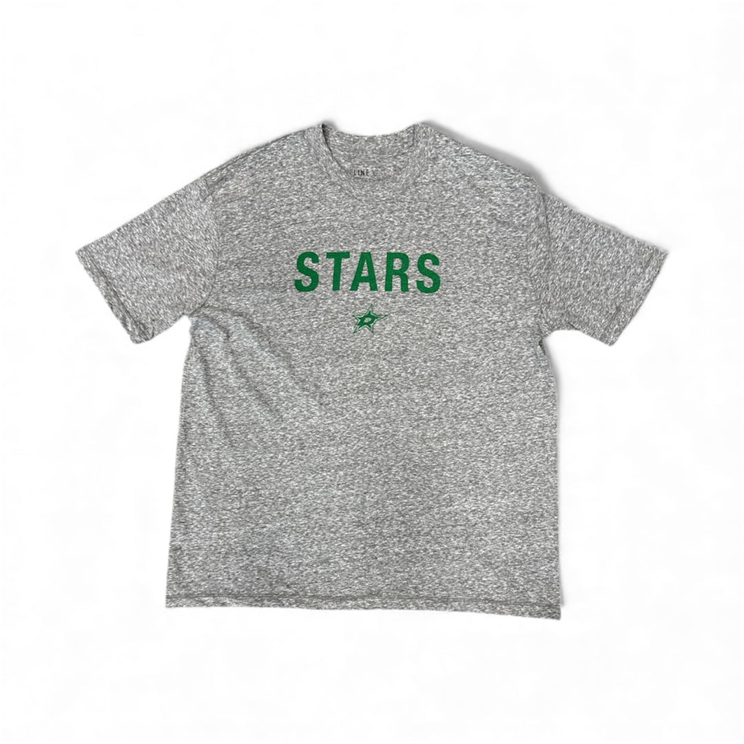 Gray t-shirt with 'STARS' printed in green on a white background
