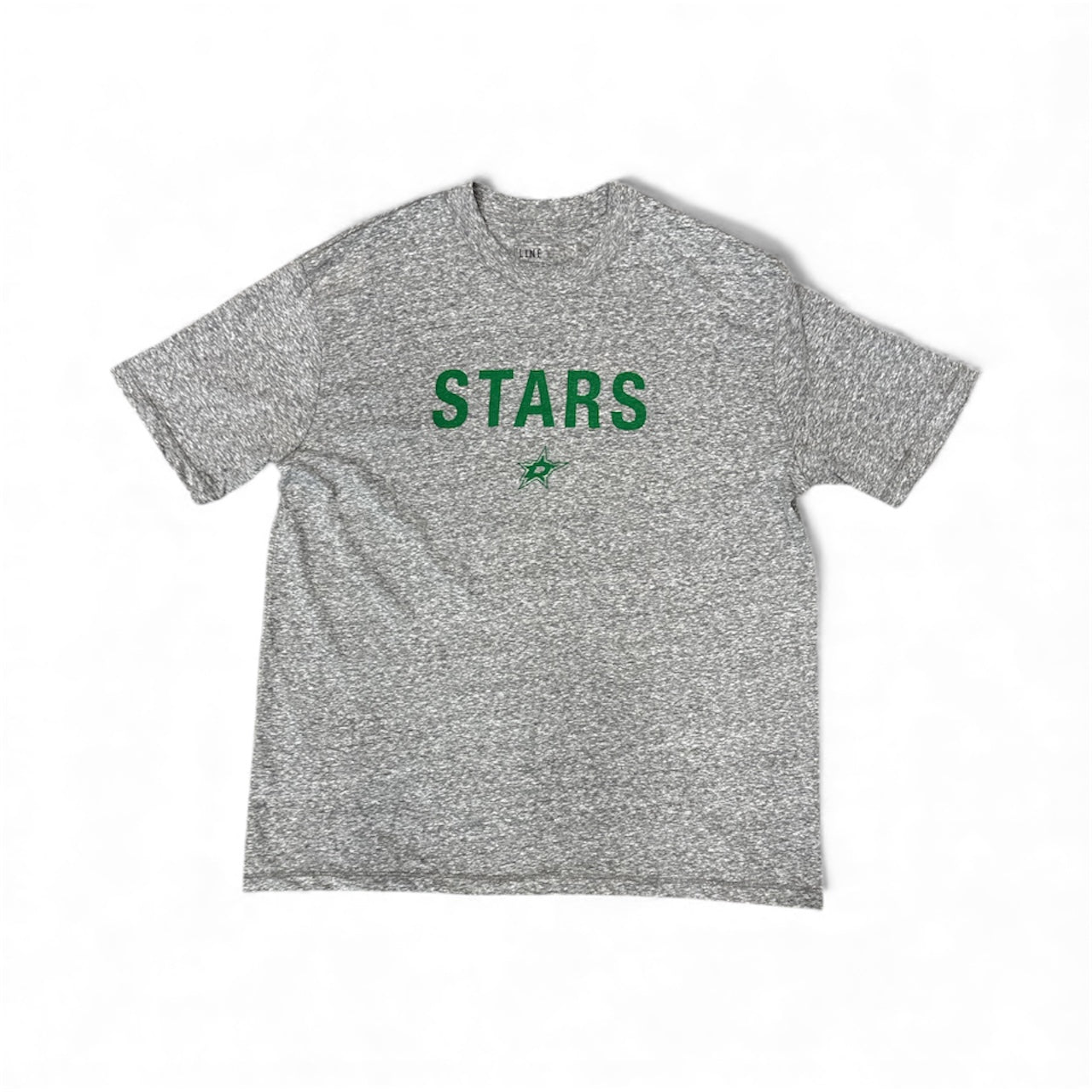 Gray t-shirt with 'STARS' printed in green on a white background