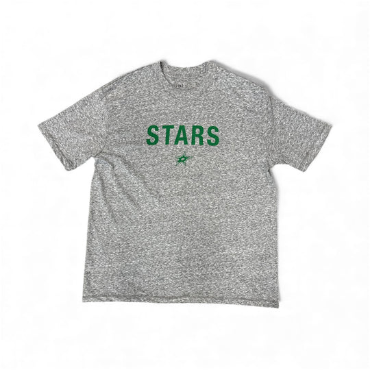 Gray t-shirt with 'STARS' printed in green on a white background