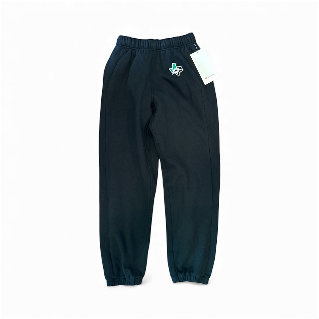 Black sweatpants with a Dallas Stars logo on a white background