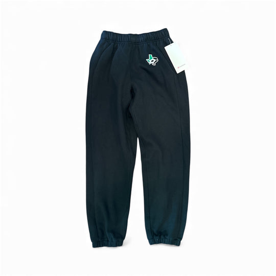 Black sweatpants with a Dallas Stars logo on a white background