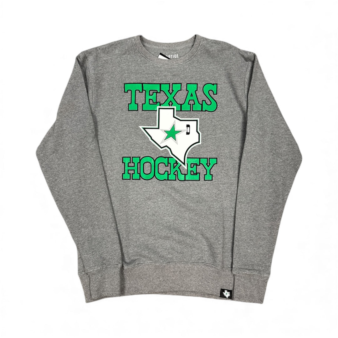 Gray sweatshirt with 'Texas Hockey' design on a white background