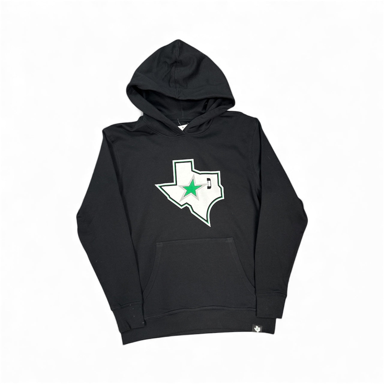 Black hoodie with a Texas-shaped logo featuring a green star on a white background