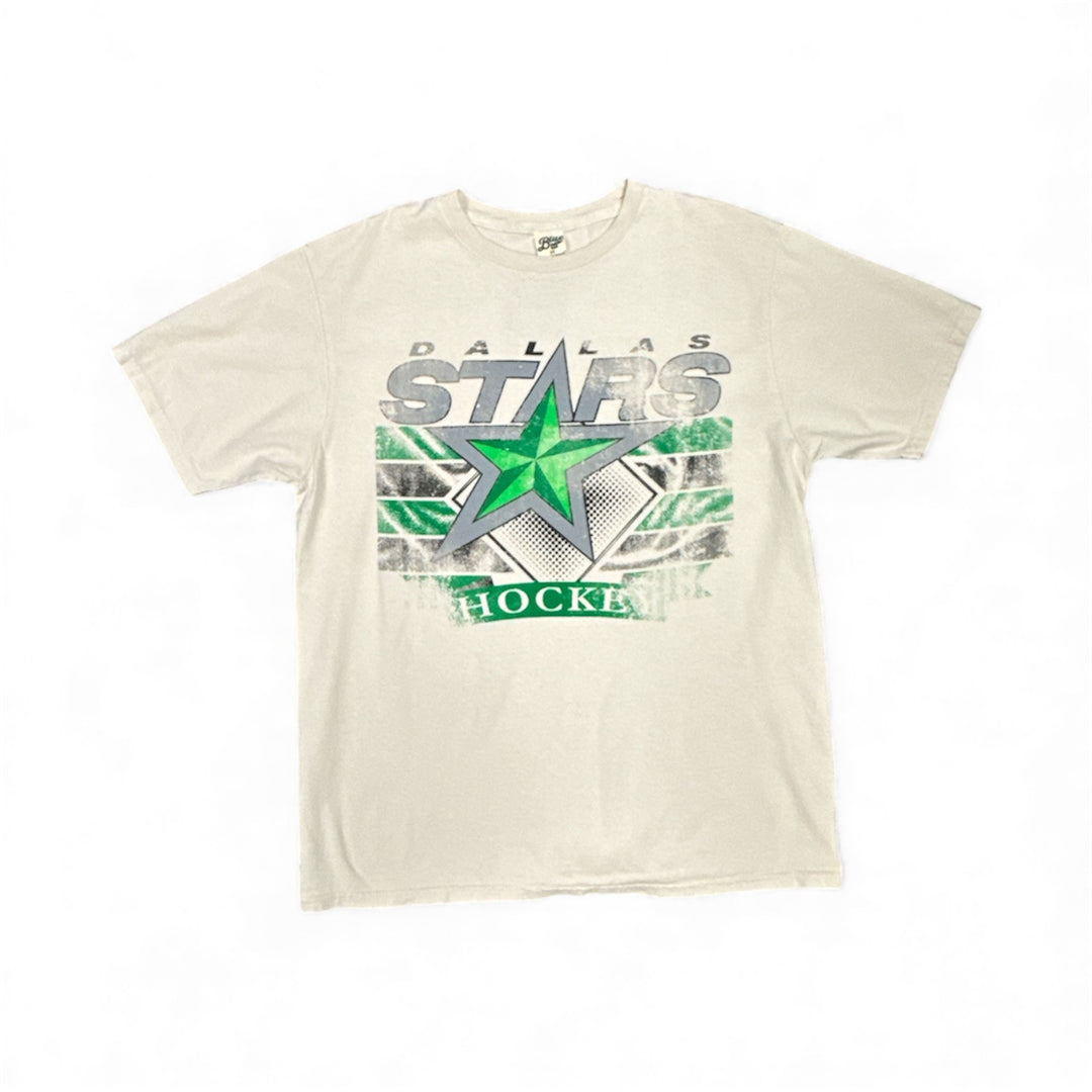 Beige t-shirt with Dallas Stars hockey graphic on a white background