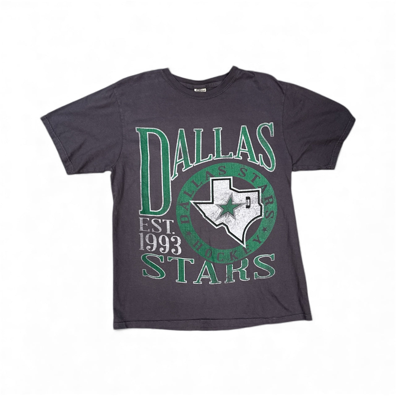 Grey t-shirt with 'Dallas Stars' text graphic and logo on a white background