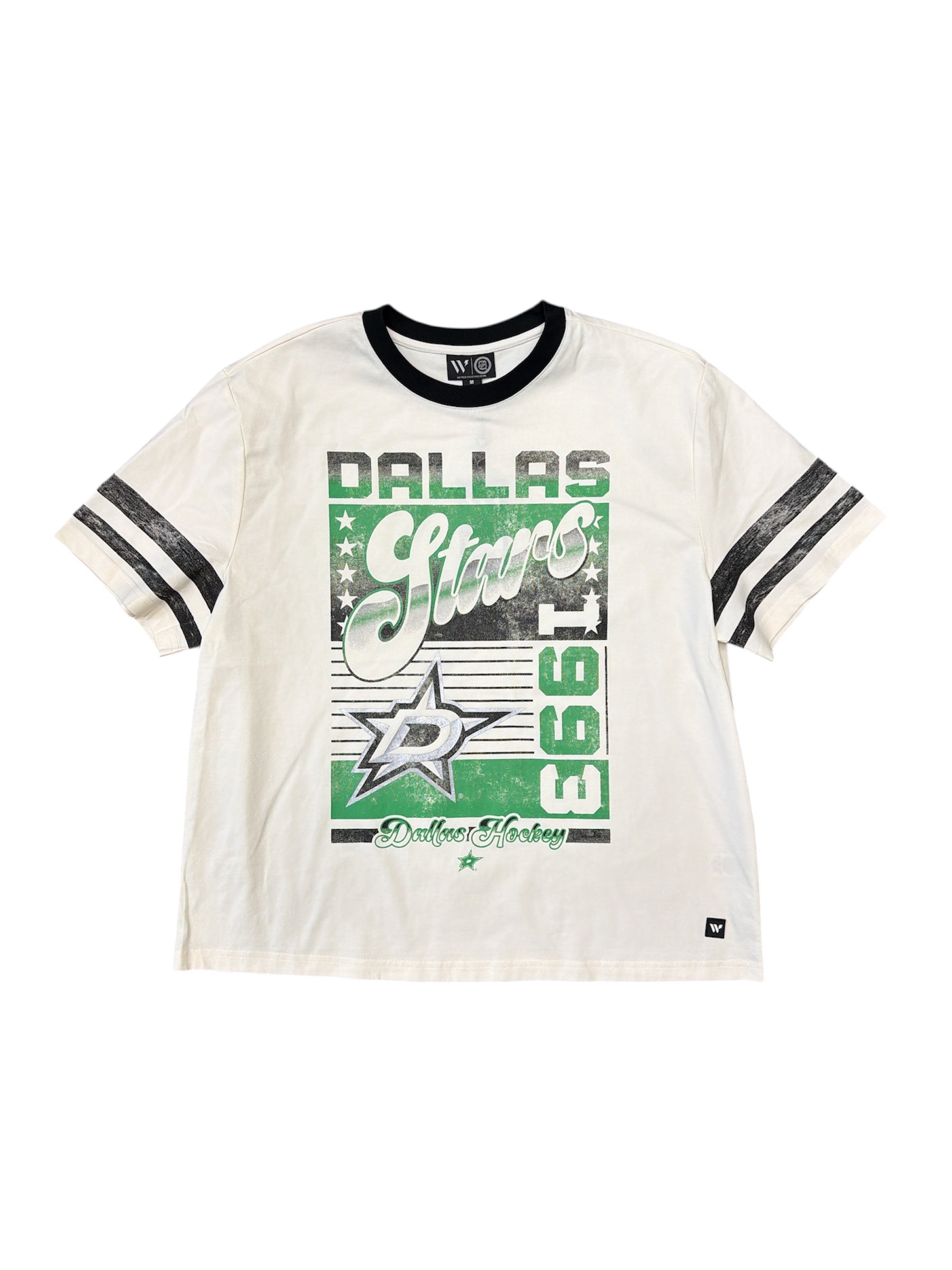 White t-shirt with Dallas Stars logo and text on a white background