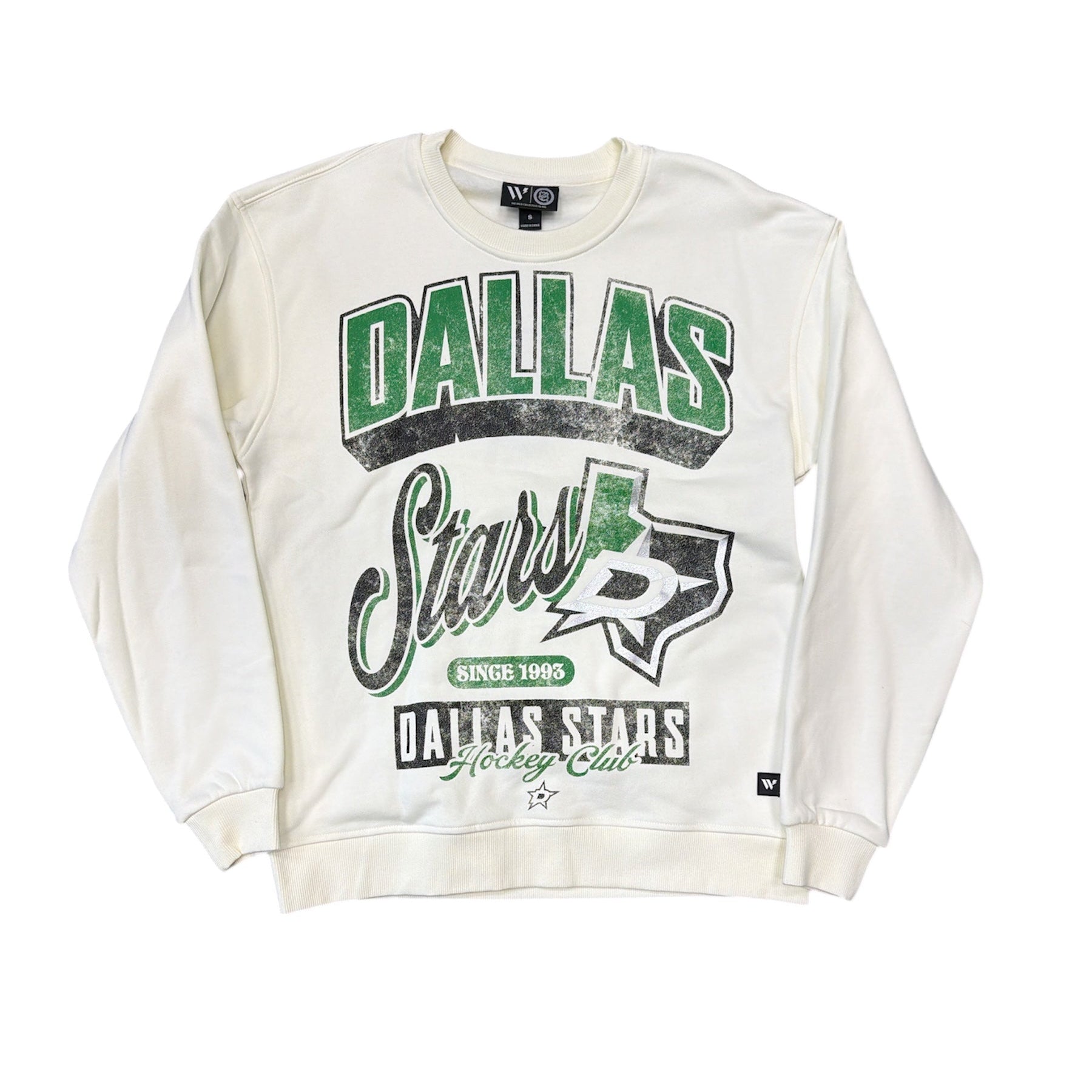 White sweatshirt with 'Dallas Stars' text and logo on a white background
