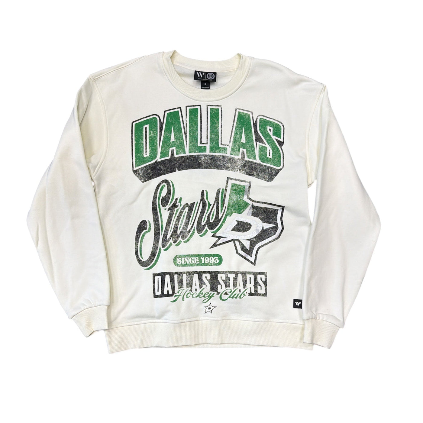 White sweatshirt with 'Dallas Stars' text and logo on a white background