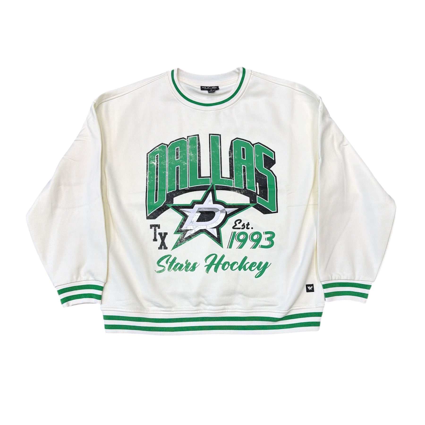 White sweatshirt with green and black Dallas Stars graphics on a white background