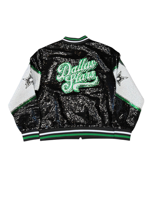 Black sequin jacket with 'Dallas Stars' text on a white background