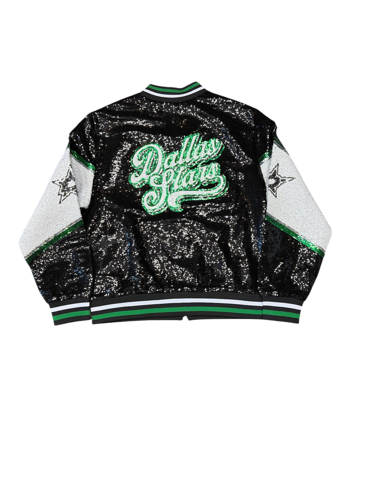 Black sequin jacket with 'Dallas Stars' text on a white background