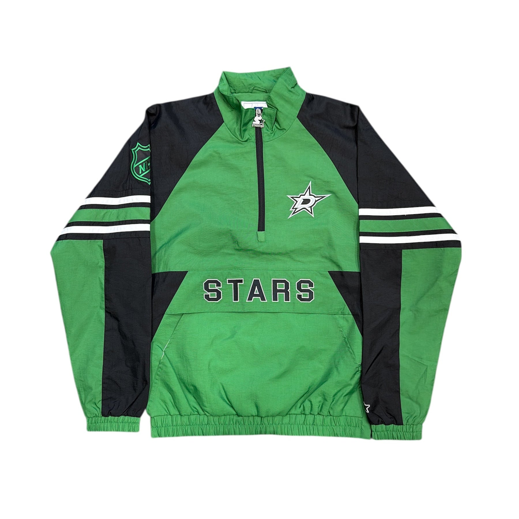Green and black jacket with 'Stars' branding on a white background