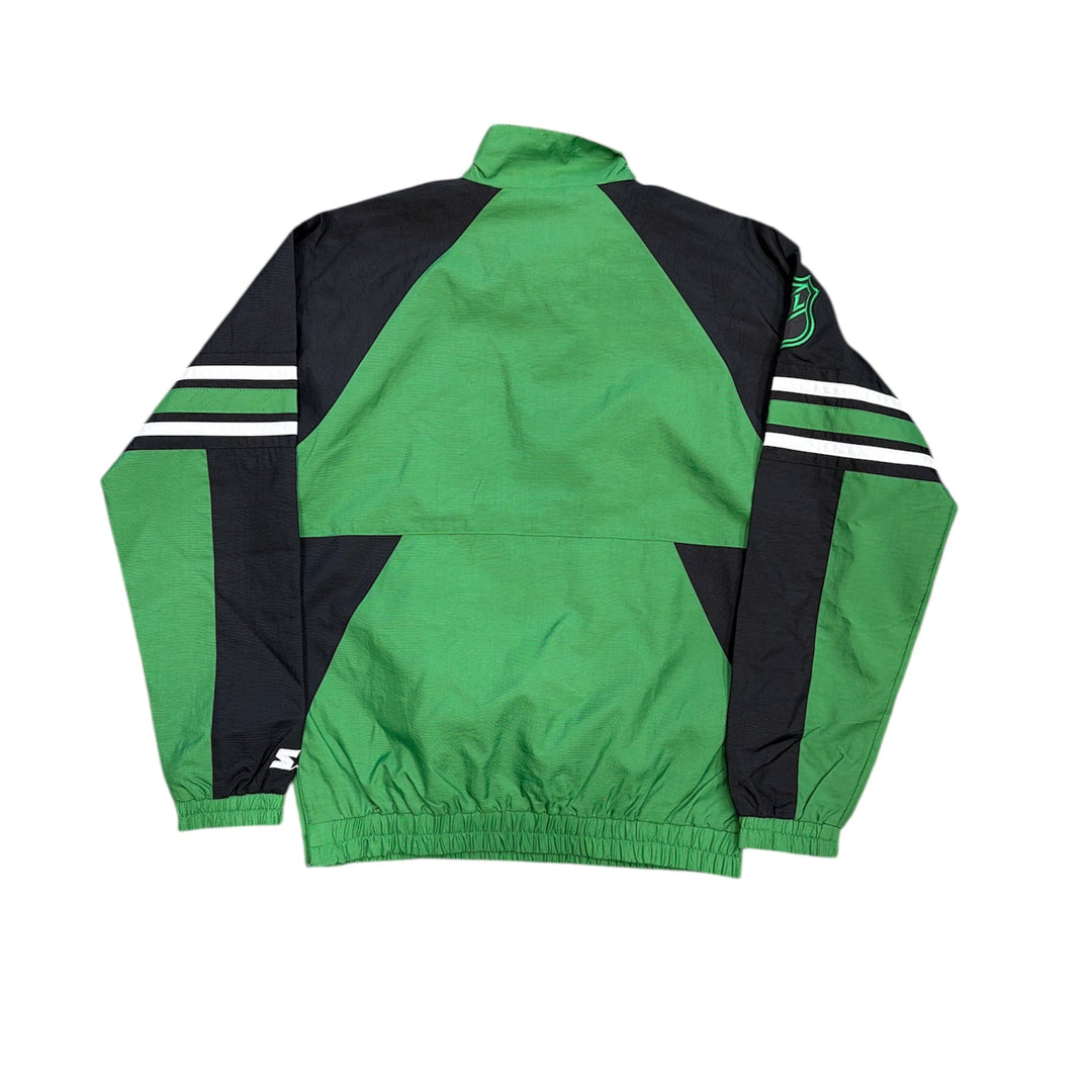 Green and black jacket with white stripes on a white background