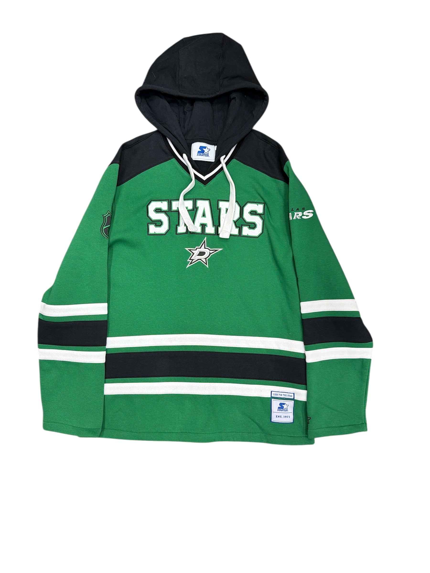 Green and black hoodie with 'Stars' logo on a white background