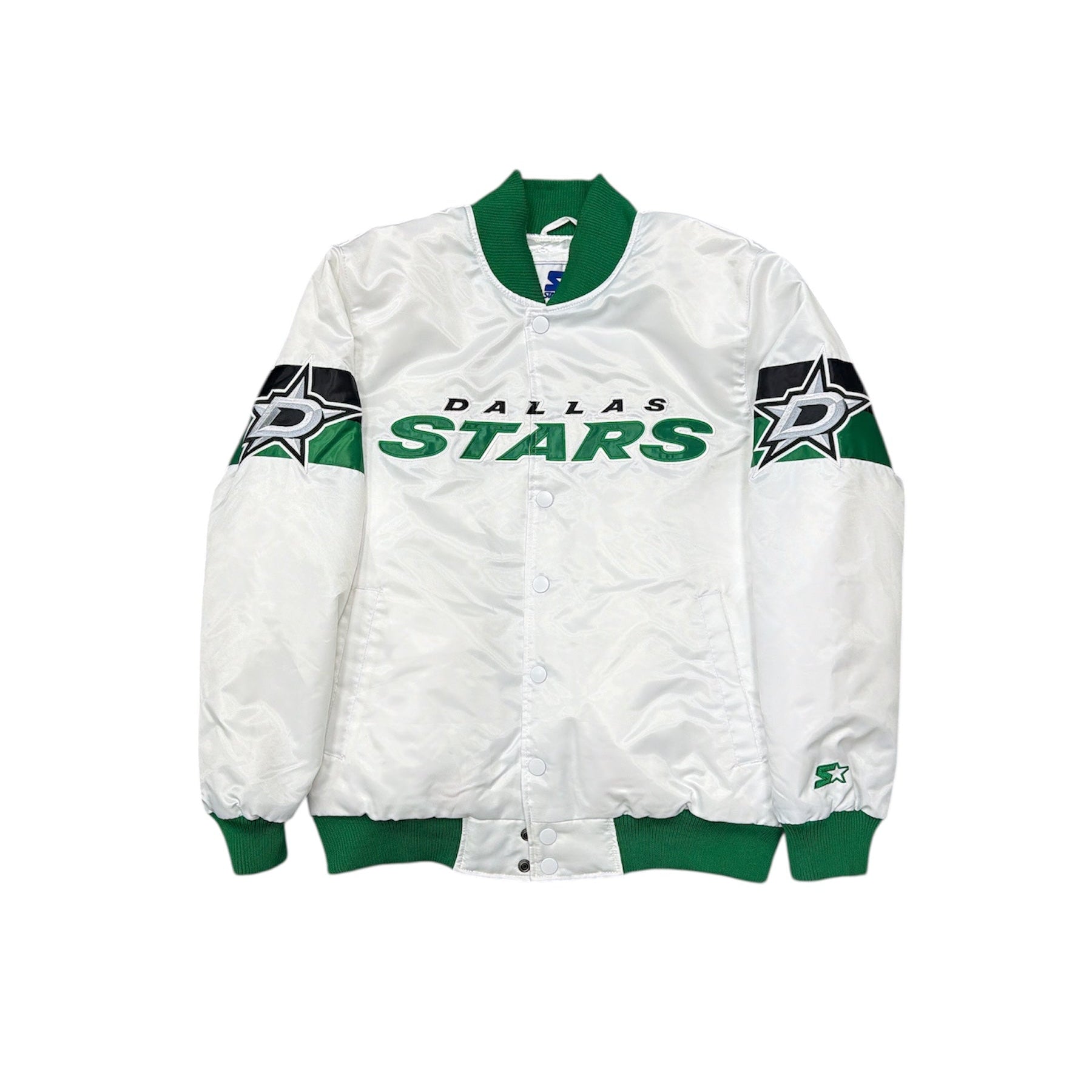 White satin jacket with green accents featuring 'Dallas Stars' text on a white background