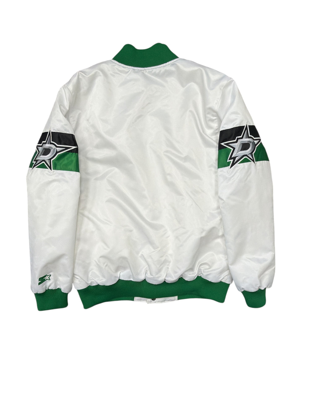 White satin jacket with green and black accents on a white background