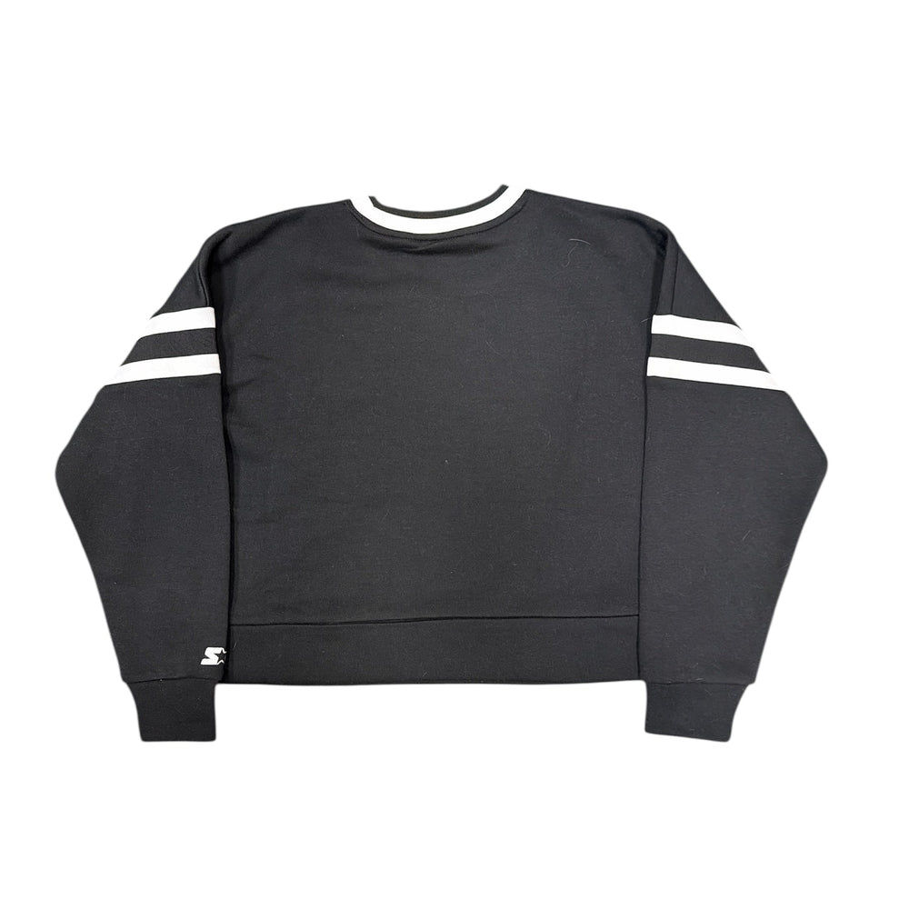 Black sweatshirt with white stripes on sleeves on a white background