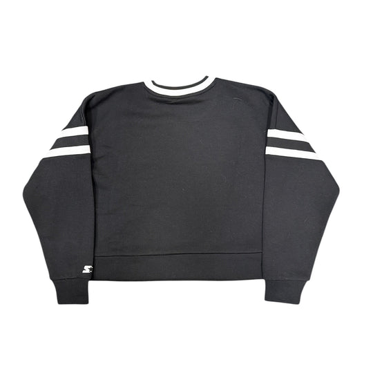 Black sweatshirt with white stripes on sleeves on a white background