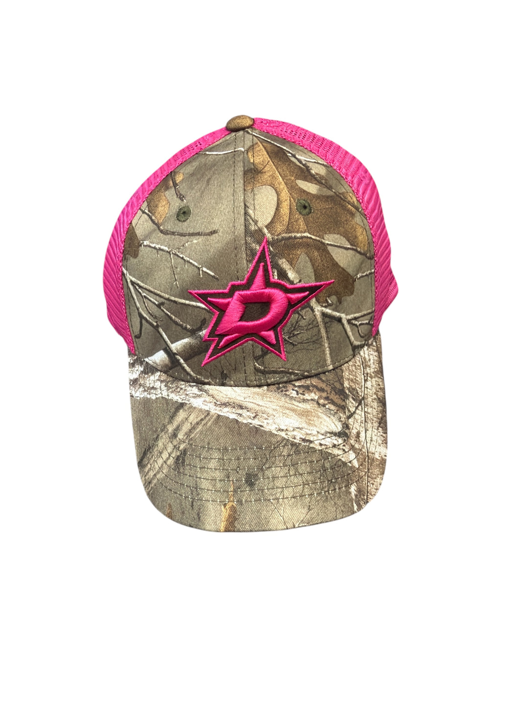 Camouflage cap with pink Dallas Star logo on a white background