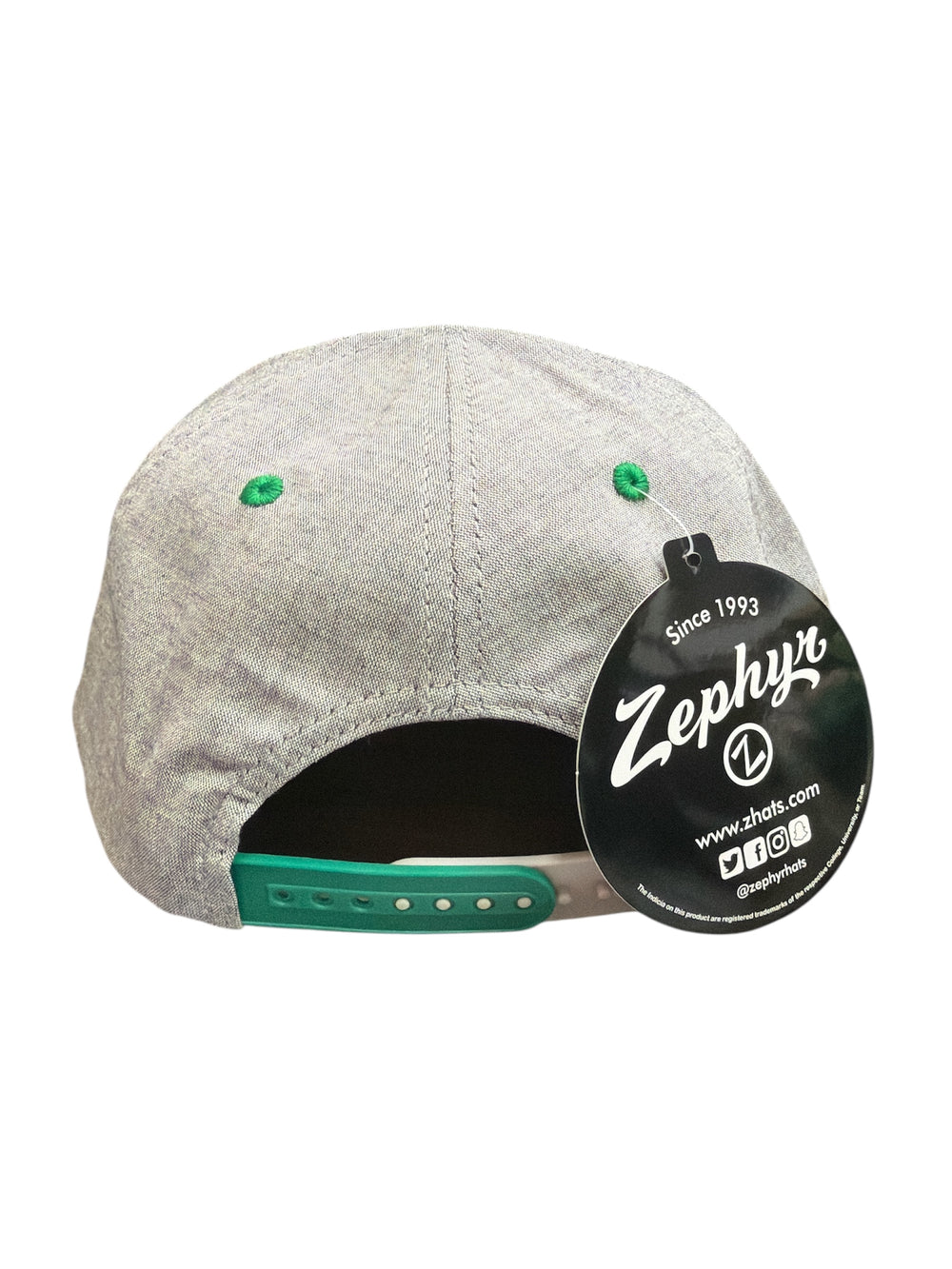 Gray cap with green accents and a Zephyr tag on a white background