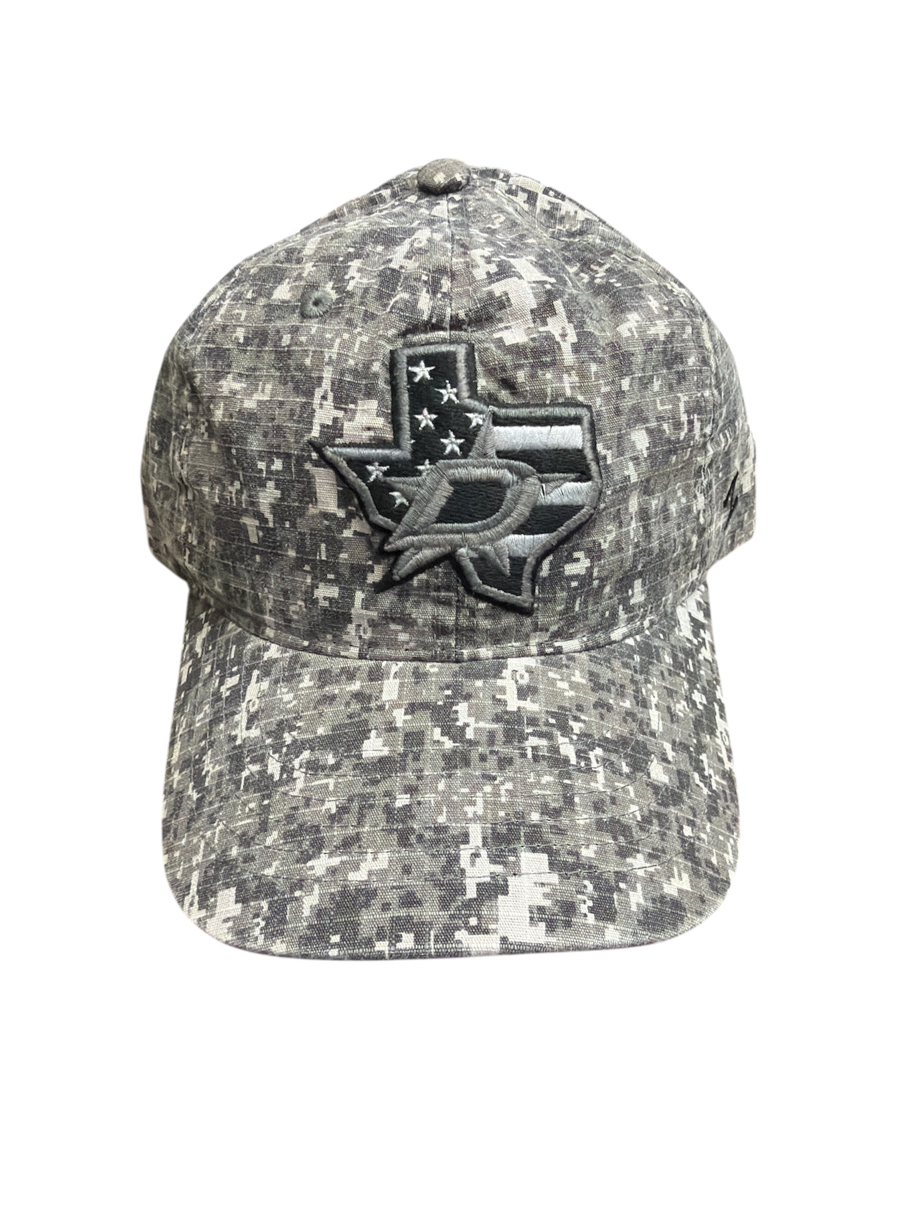 Digital camouflage cap with a Dallas Stars logo on a white background