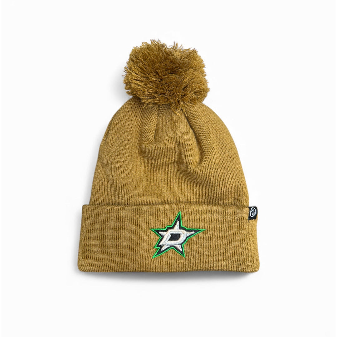 Beanie with a pom-pom and logo on a white background