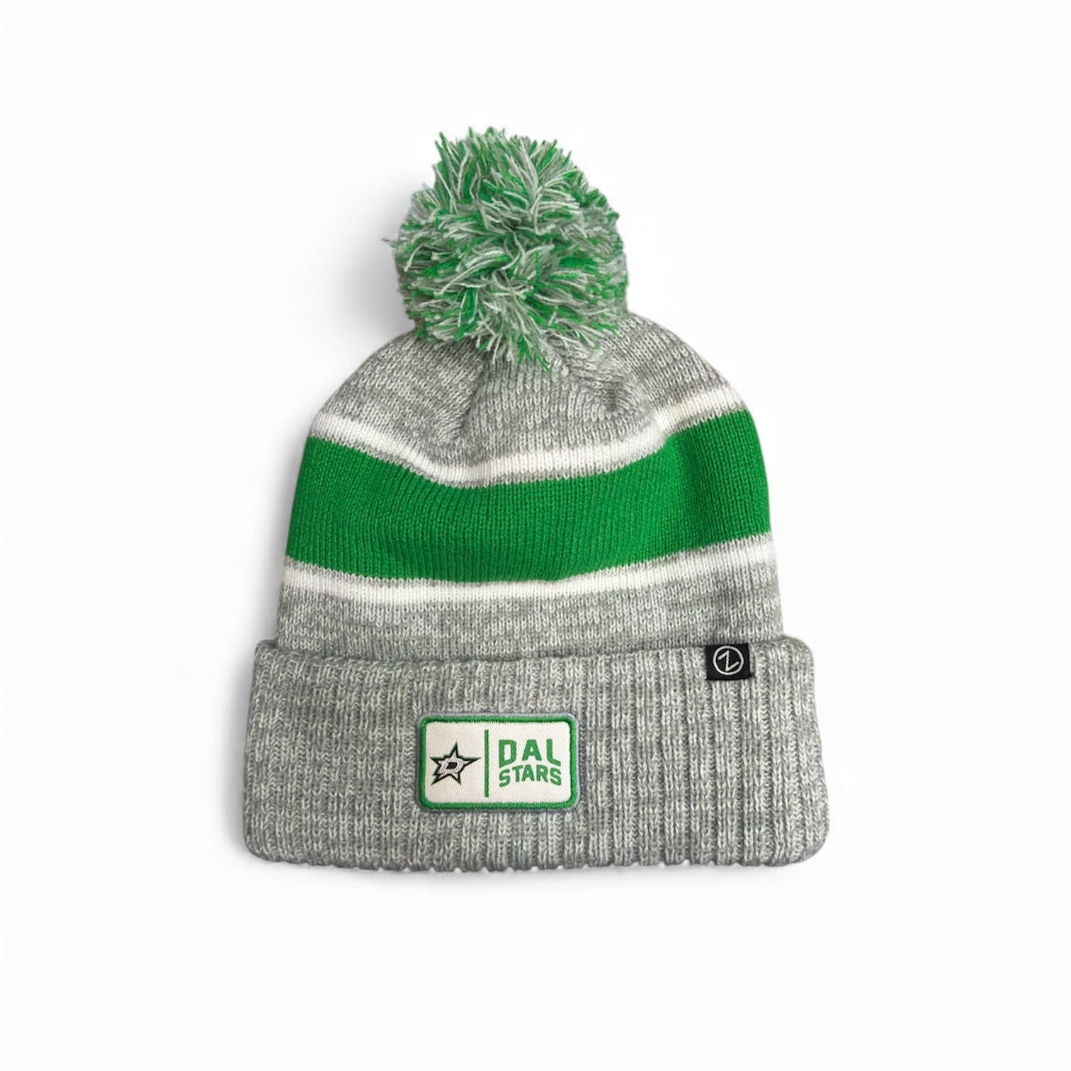 Gray and green striped beanie with pom-pom on a white background