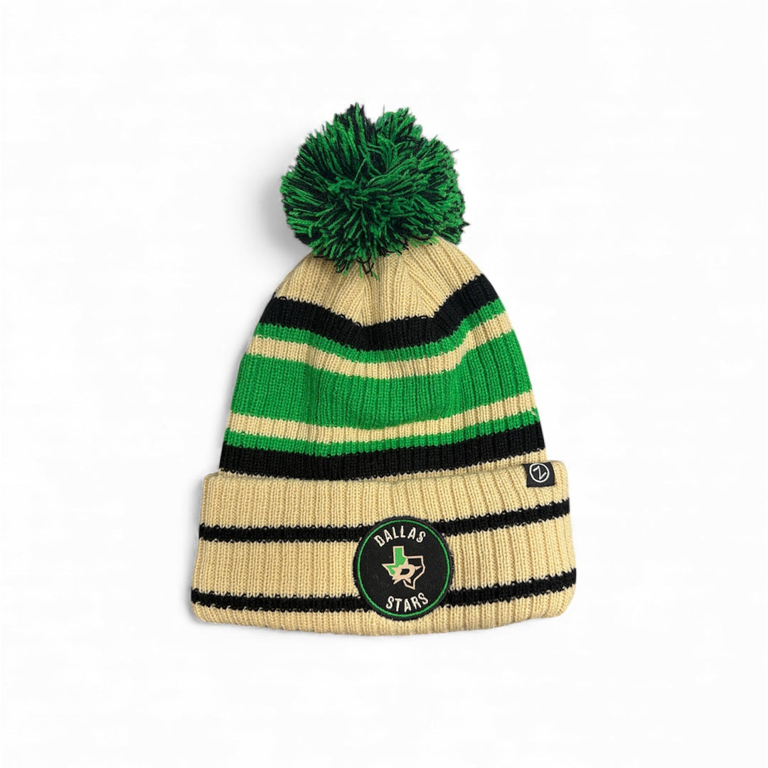 Striped beanie with green pom-pom and Dallas Stars logo on a white background