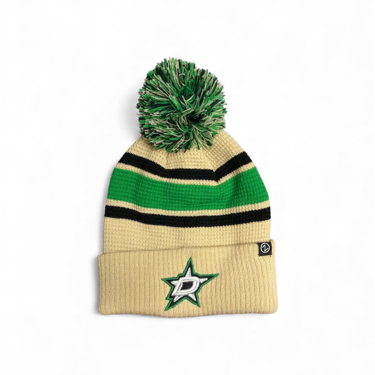 Knitted beanie with green and black stripes and a pom-pom on a white background