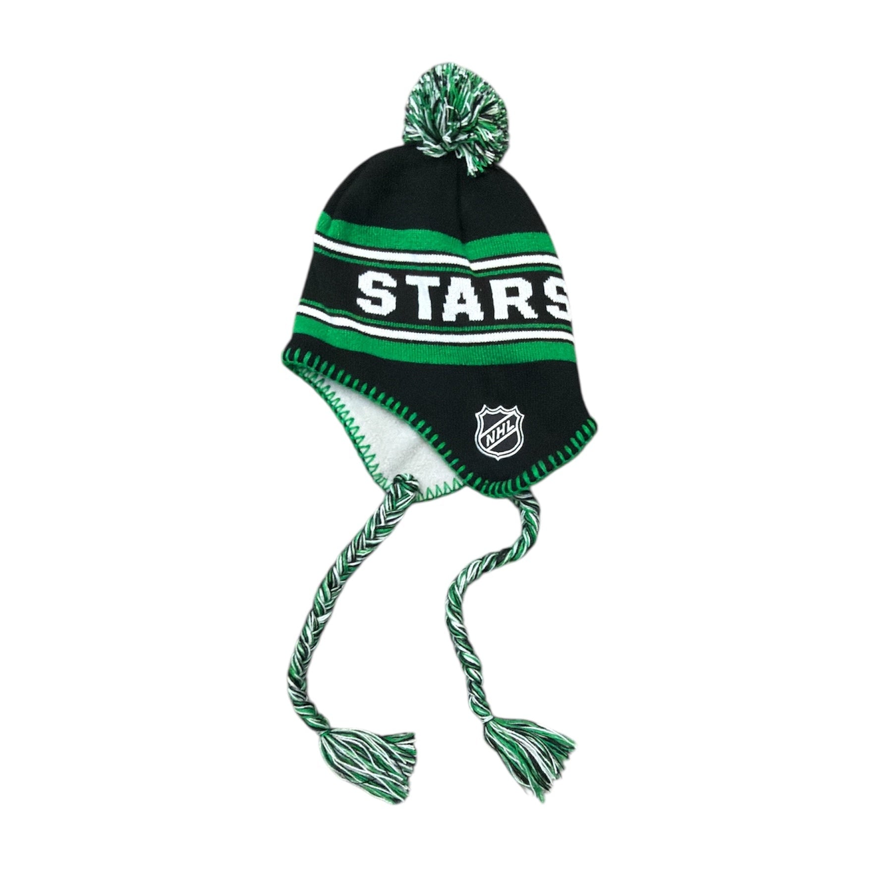 Black and green youth beanie with a pom-pom and tassels on a white background