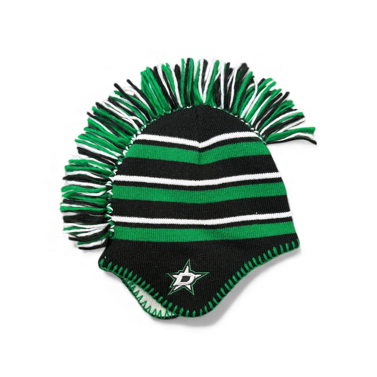 Green and black striped beanie with a mohawk design on a white background